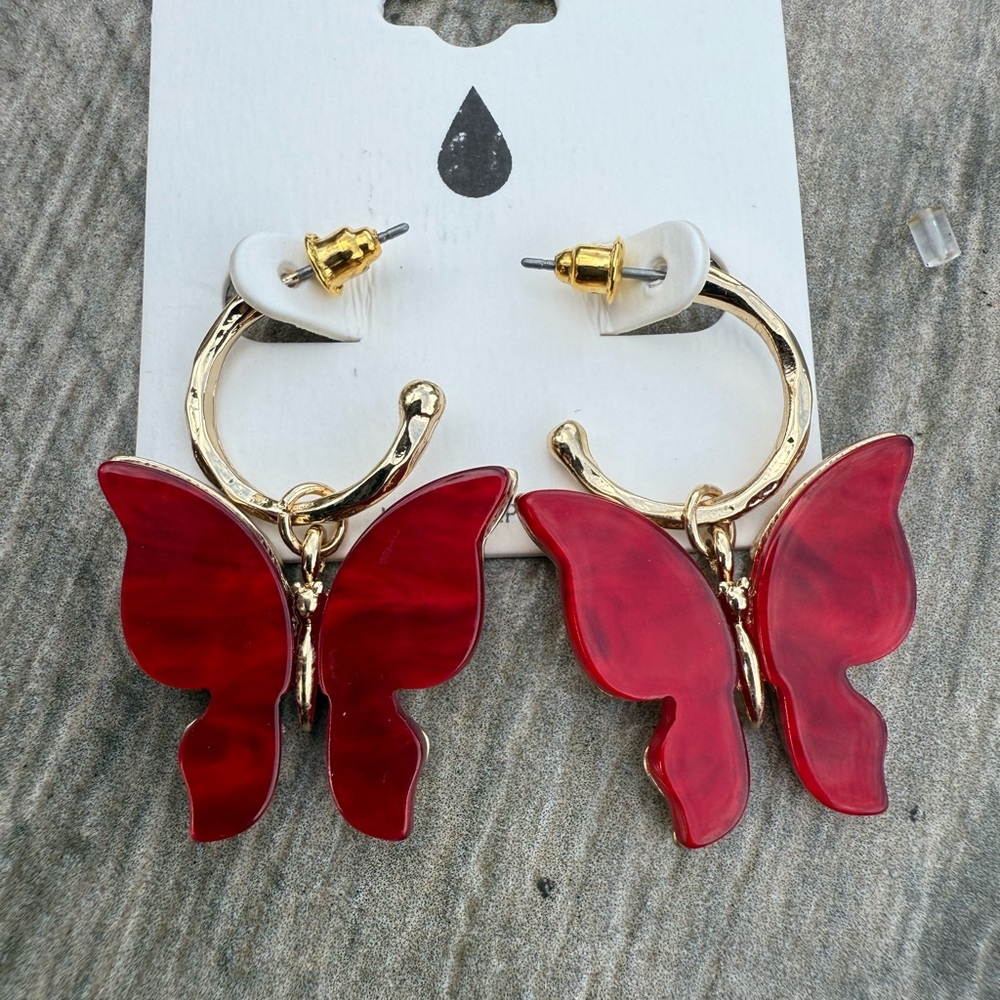 Elegant Red Stone Hoop Butterfly Dangle Earrings Lightweight NWT